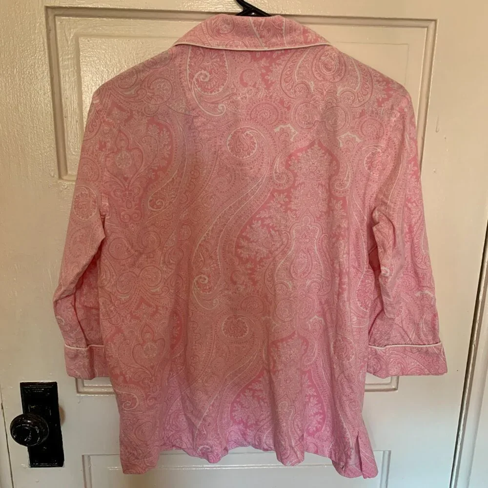 Lauren Ralph Lauren Pink Cotton Paisley Monogram Crop Pajama Set, Size M - Picture 3 of 7